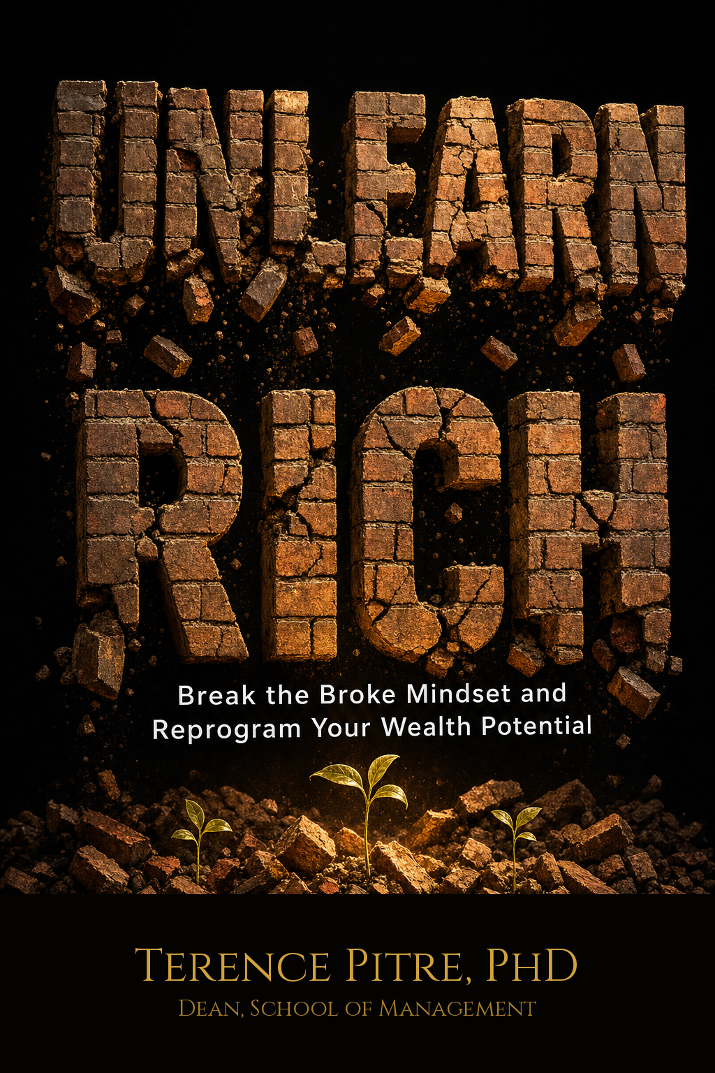 Unlearn Rich book cover — crumbling brick letters with seedlings growing from rubble